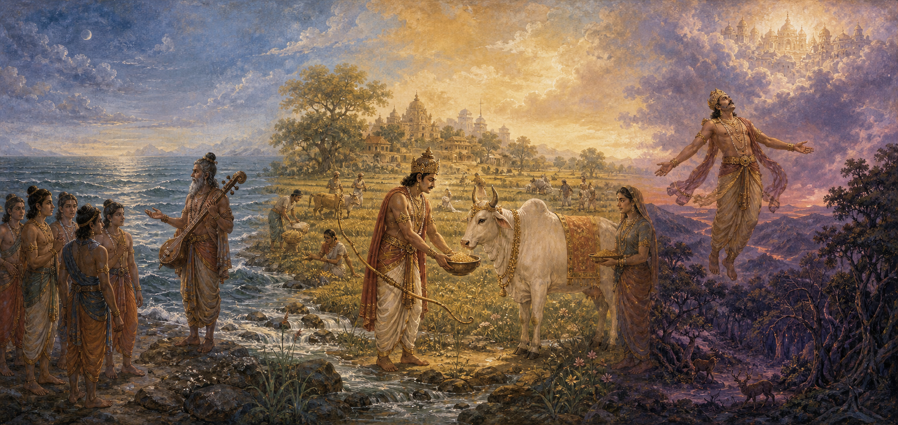 A continuous Puranic panorama shows the Haryashvas contemplating the sea, King Prithu receiving grain from the cow-shaped Earth, and King Trishanku suspended between earth and heaven.