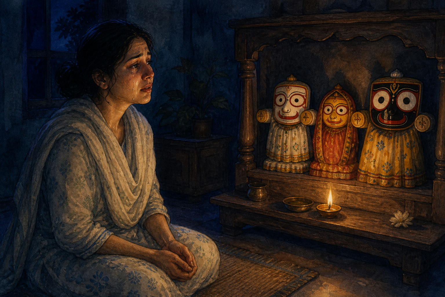A tearful devotee kneels silently before a small Lord Jagannath shrine lit by one oil lamp at night.