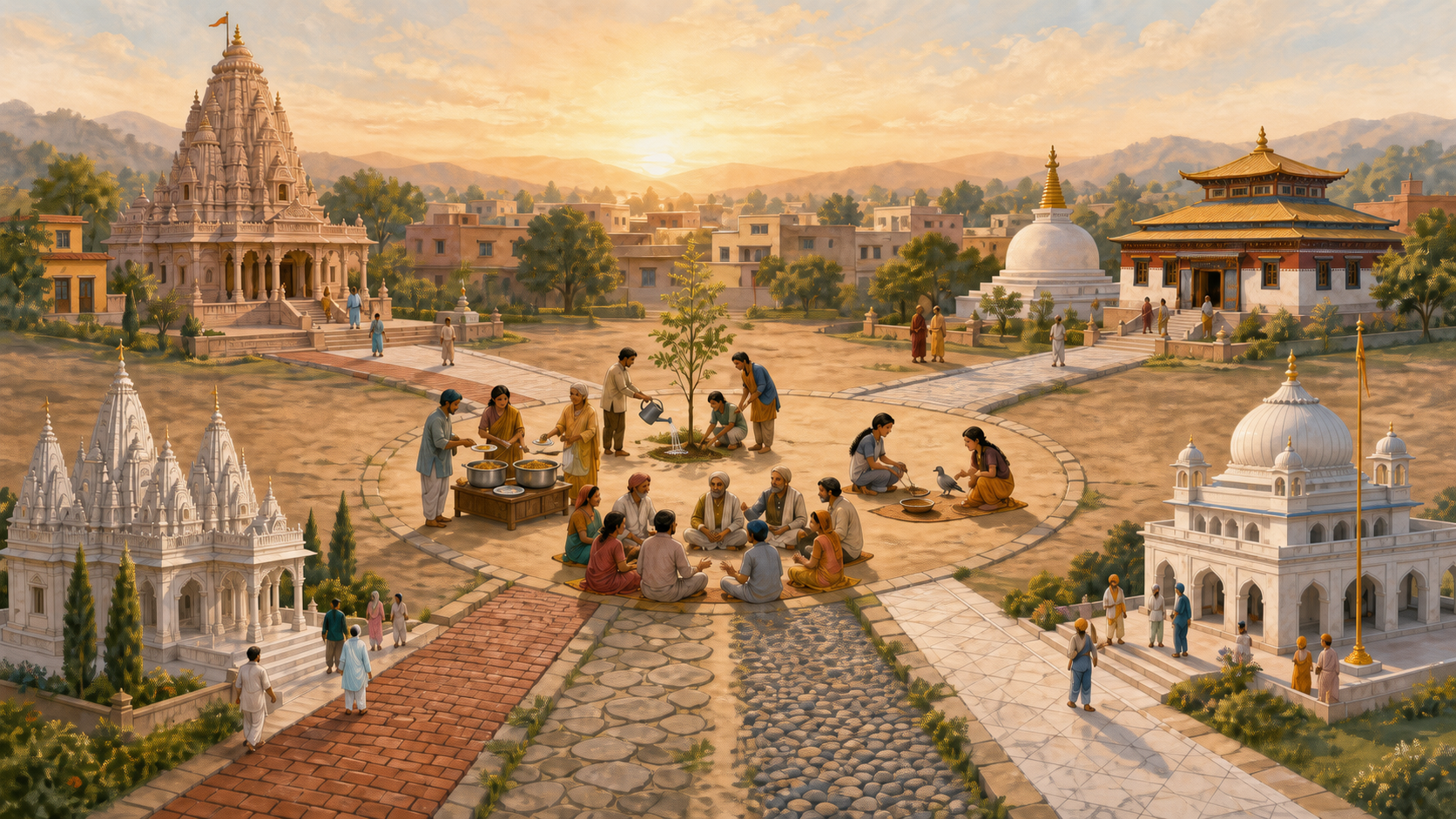 Four distinct religious buildings surround a shared courtyard where an intergenerational group serves food, tends a tree, cares for a bird, and sits in conversation.