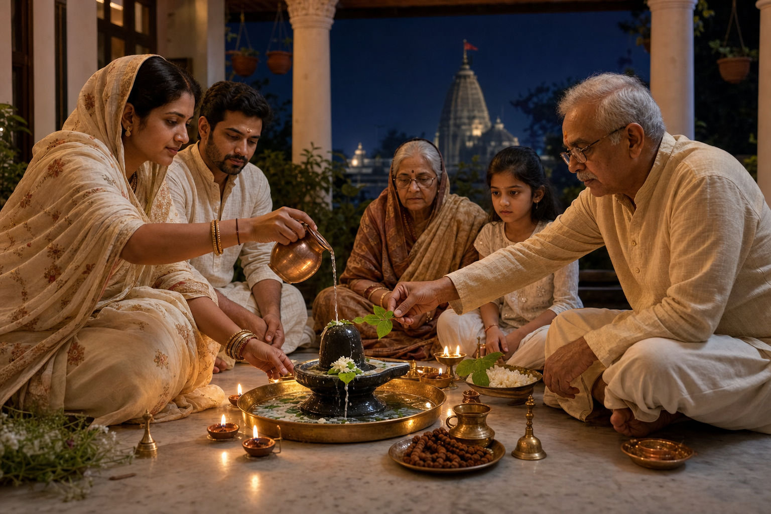 A family performs nighttime Shiva worship at home with water abhisheka, bilva leaves, flowers, prayer beads, and oil lamps.