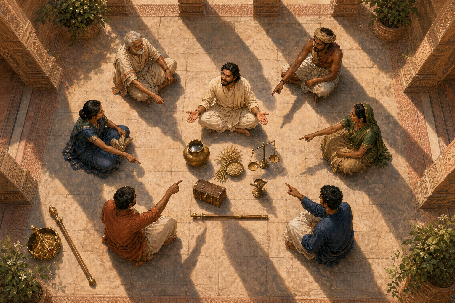 A leader seated without a throne listens to six community members gathered in a circular courtyard around objects associated with public responsibility.
