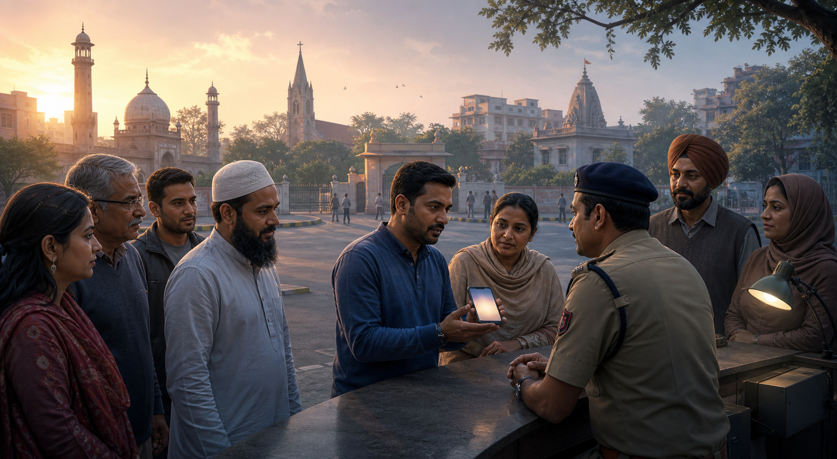 Residents from different communities calmly share a concerning phone message with a police help-desk officer in an Indian public square at dawn.