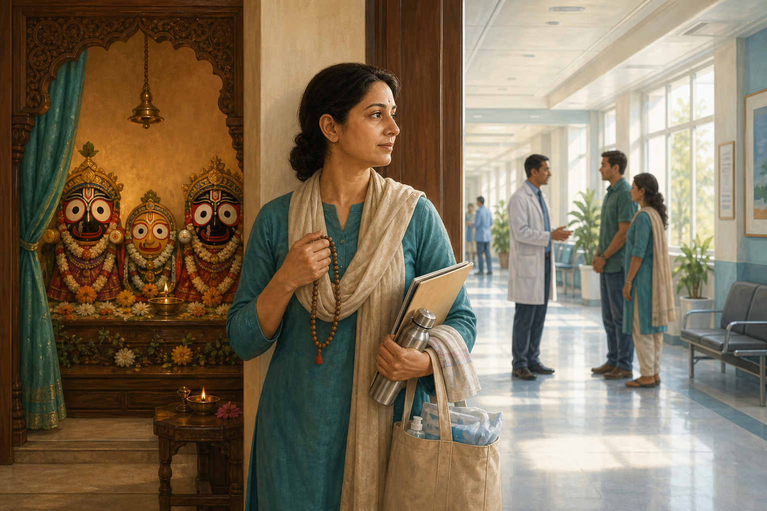 A caregiver holding prayer beads and caregiving supplies walks from a Lord Jagannath prayer alcove toward a hospital corridor.