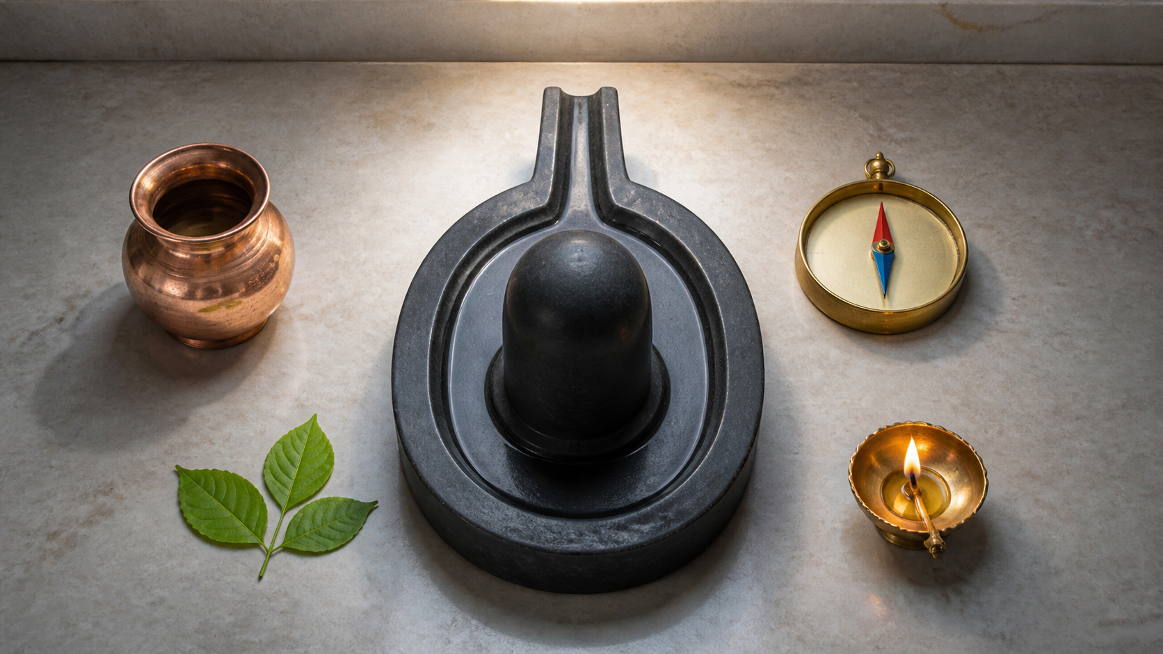 Dark stone Shivling in an oval Gauripatta base with its projecting outlet aligned toward an unlettered brass compass needle on a home altar.