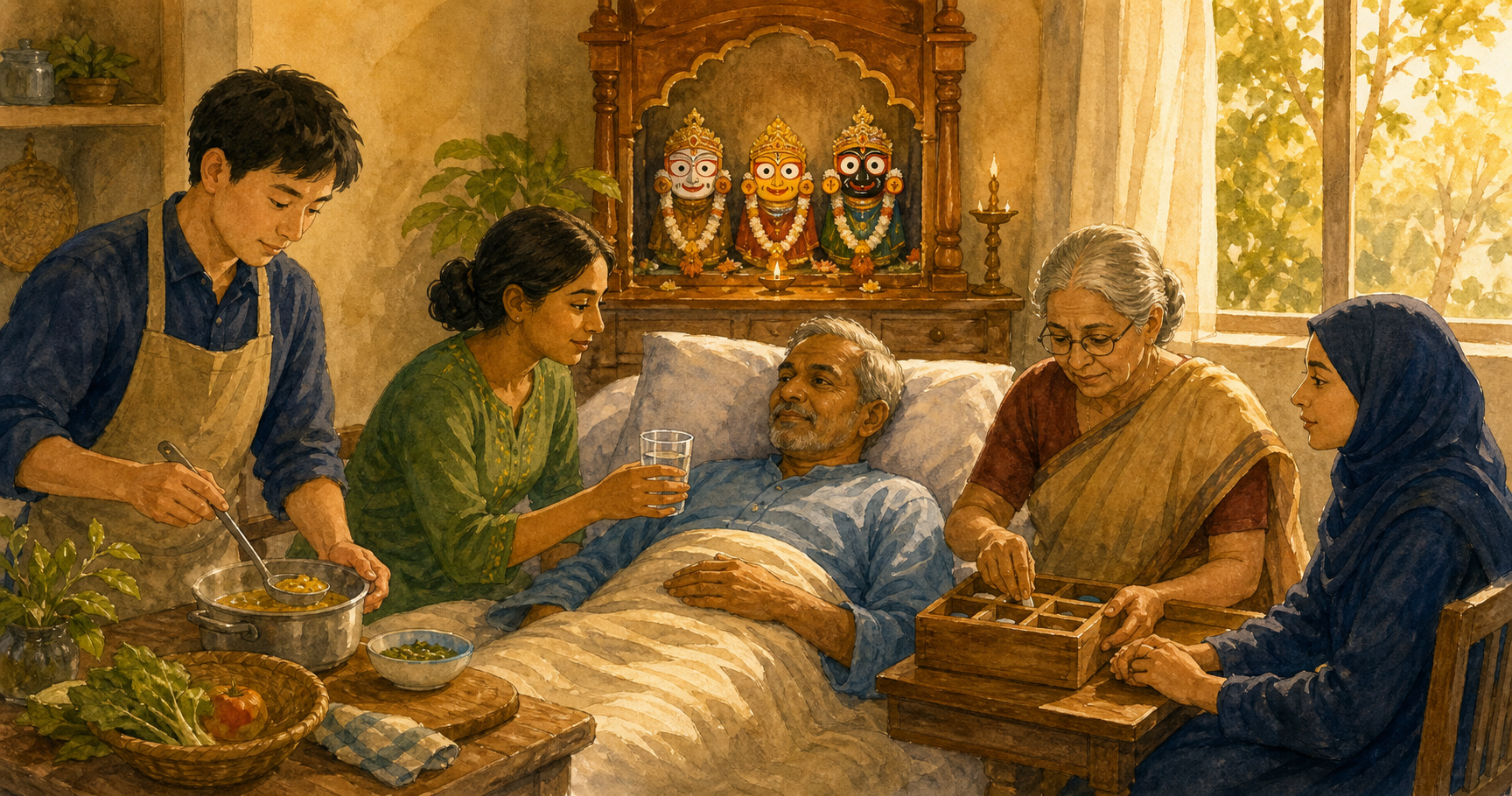 Family members and neighbors provide food, medicine, water, and companionship to a resting person near a softly lit Lord Jagannath shrine.