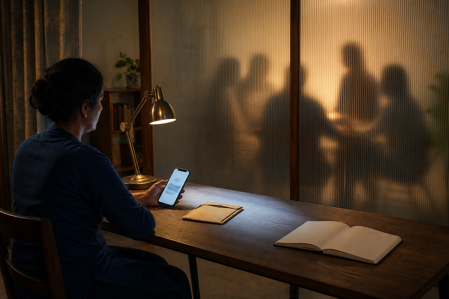 A citizen examines an indistinct phone alert beside an evidence envelope while blurred figures remain separated behind a translucent partition.