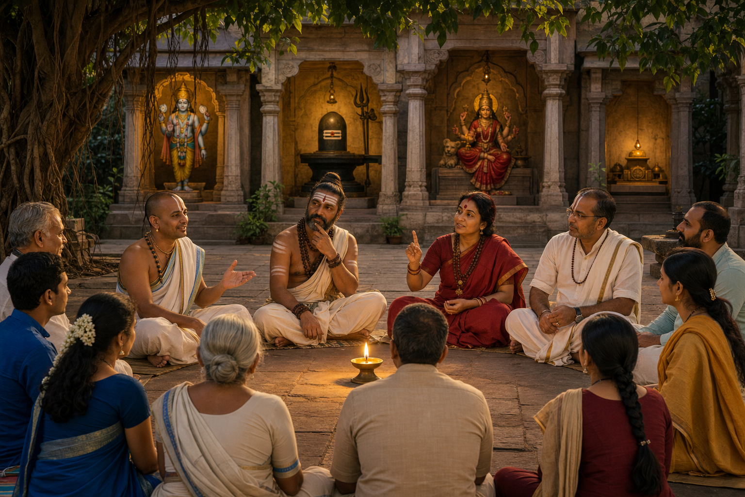 Practitioners from several Hindu traditions and lay community members hold a respectful discussion in a temple courtyard while retaining distinct dress and sacred markings.
