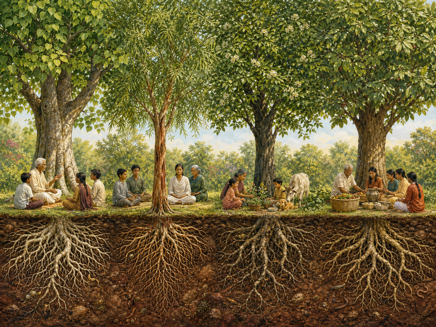 Four different trees with separate visible root systems grow in shared soil above four small groups engaged in learning, meditation, care for living things, and food service.