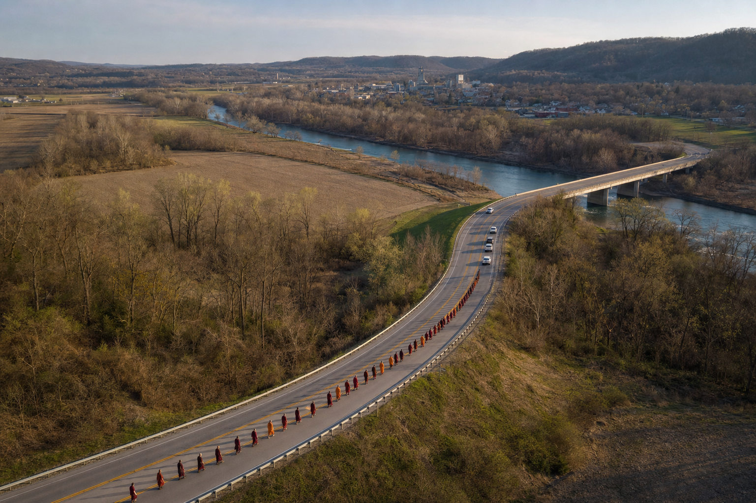 A long Buddhist peace procession follows a winding road through fields and wooded hills toward a distant American town.