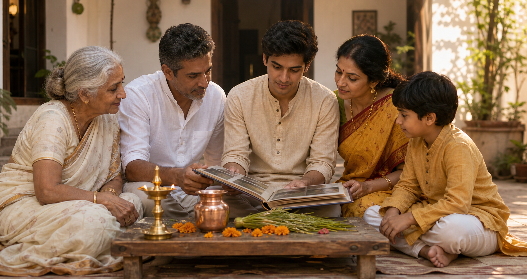A multigenerational Indian family sits together in a sunlit courtyard beside a lamp, water vessel, flowers, and an open family album.