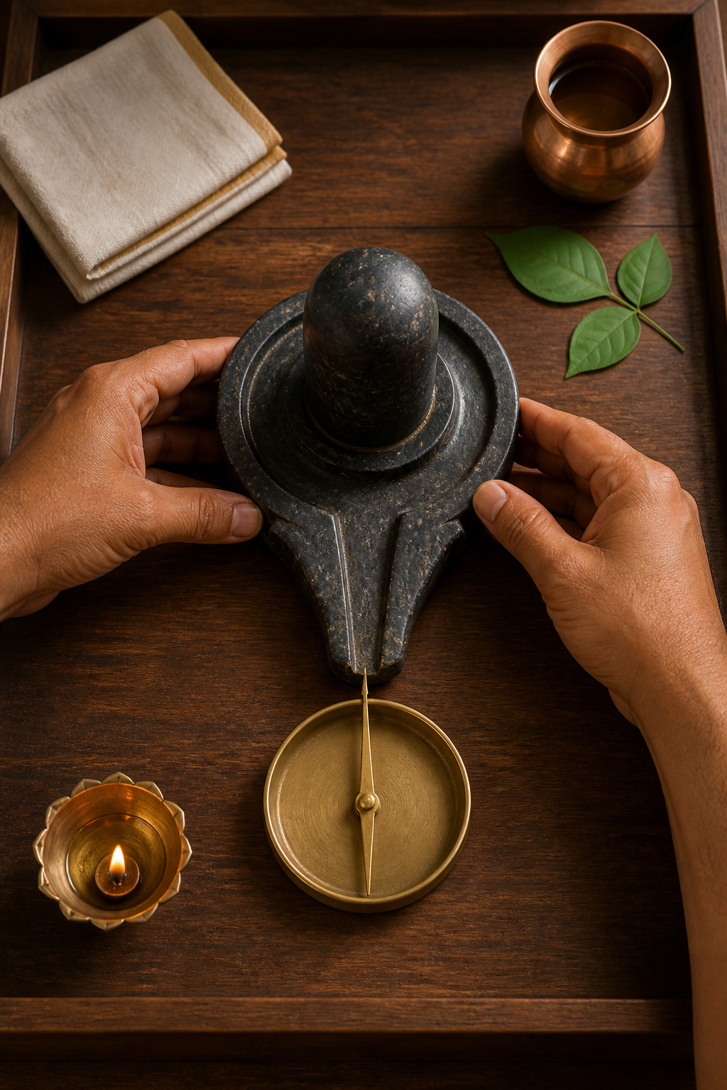 Hands gently rotate a movable Shivling base so its projecting outlet aligns with the colored needle of an unlettered brass compass.