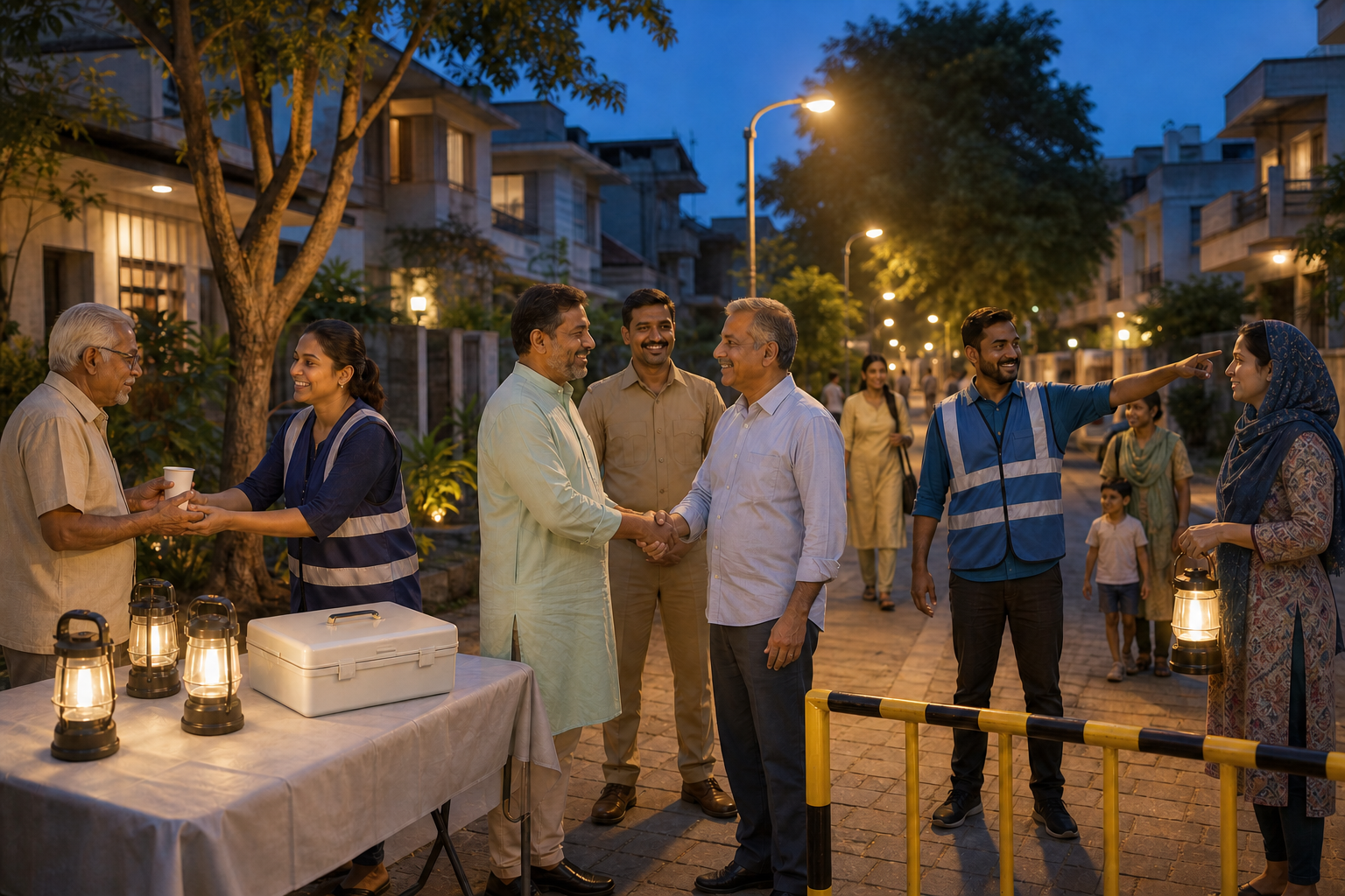 Community volunteers and a police liaison coordinate lighting, first aid, and pedestrian safety while neighbors greet one another.