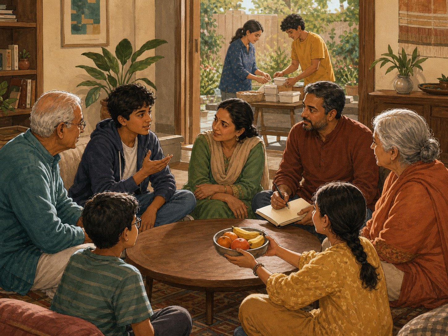 Grandparents, parents, teenagers, and children sit around a low table in conversation while two relatives pack food for neighbors in the background.