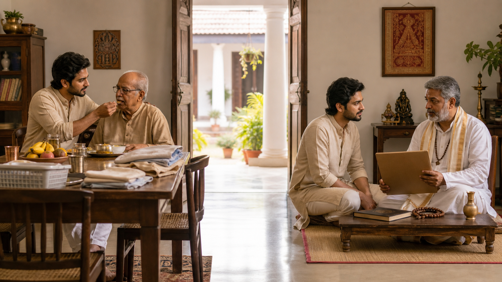 An Indian adult cares for an elderly parent on one side of a room and consults a traditional scholar on the other side.