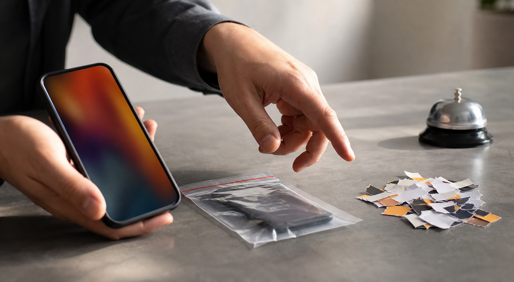 A person directs an indistinct phone alert toward an evidence pouch and safety desk bell instead of scattered rumor-like paper fragments.