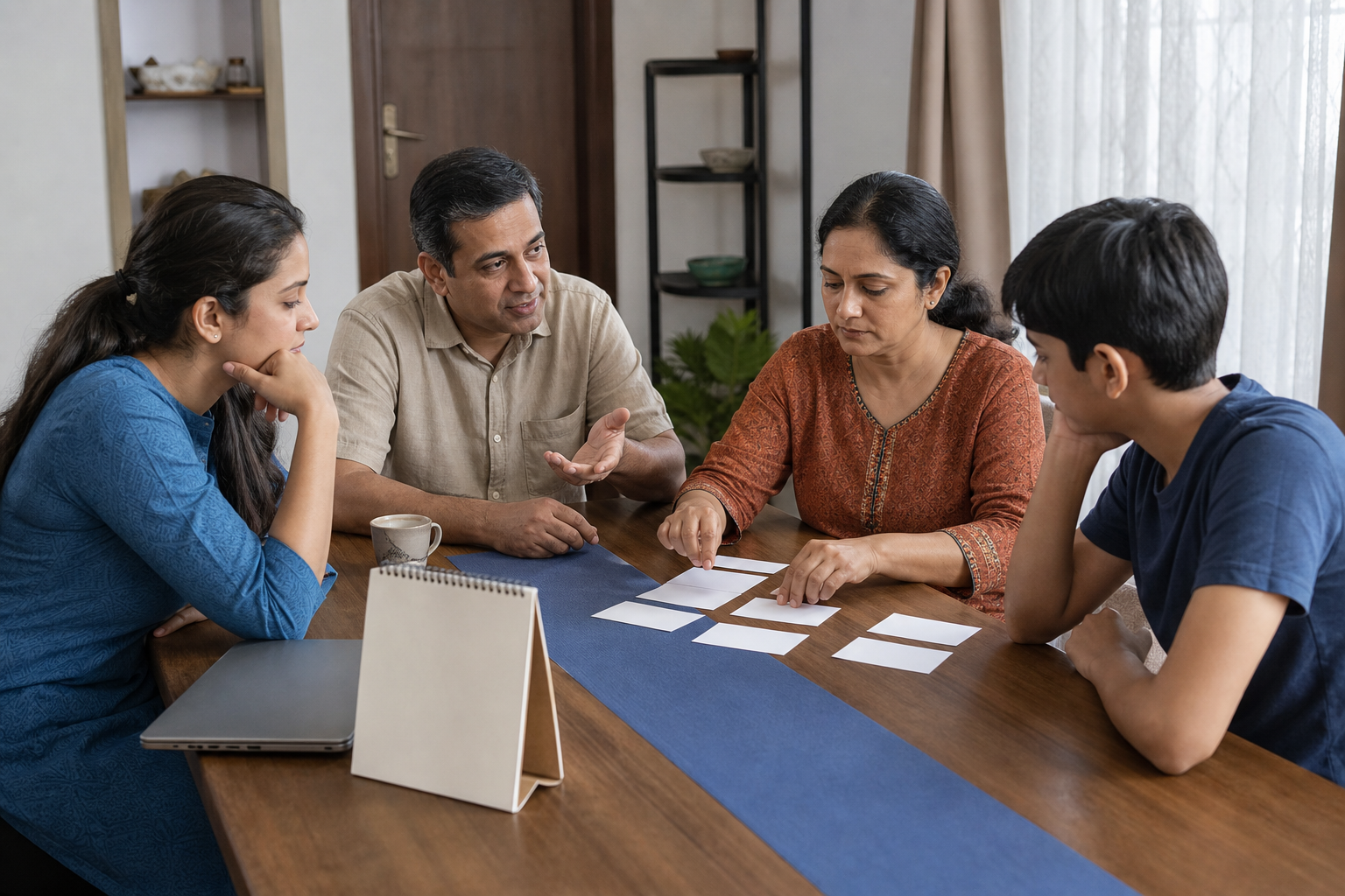 Four members of an Indian family have a calm discussion around a table while sorting blank cards beside a closed laptop.