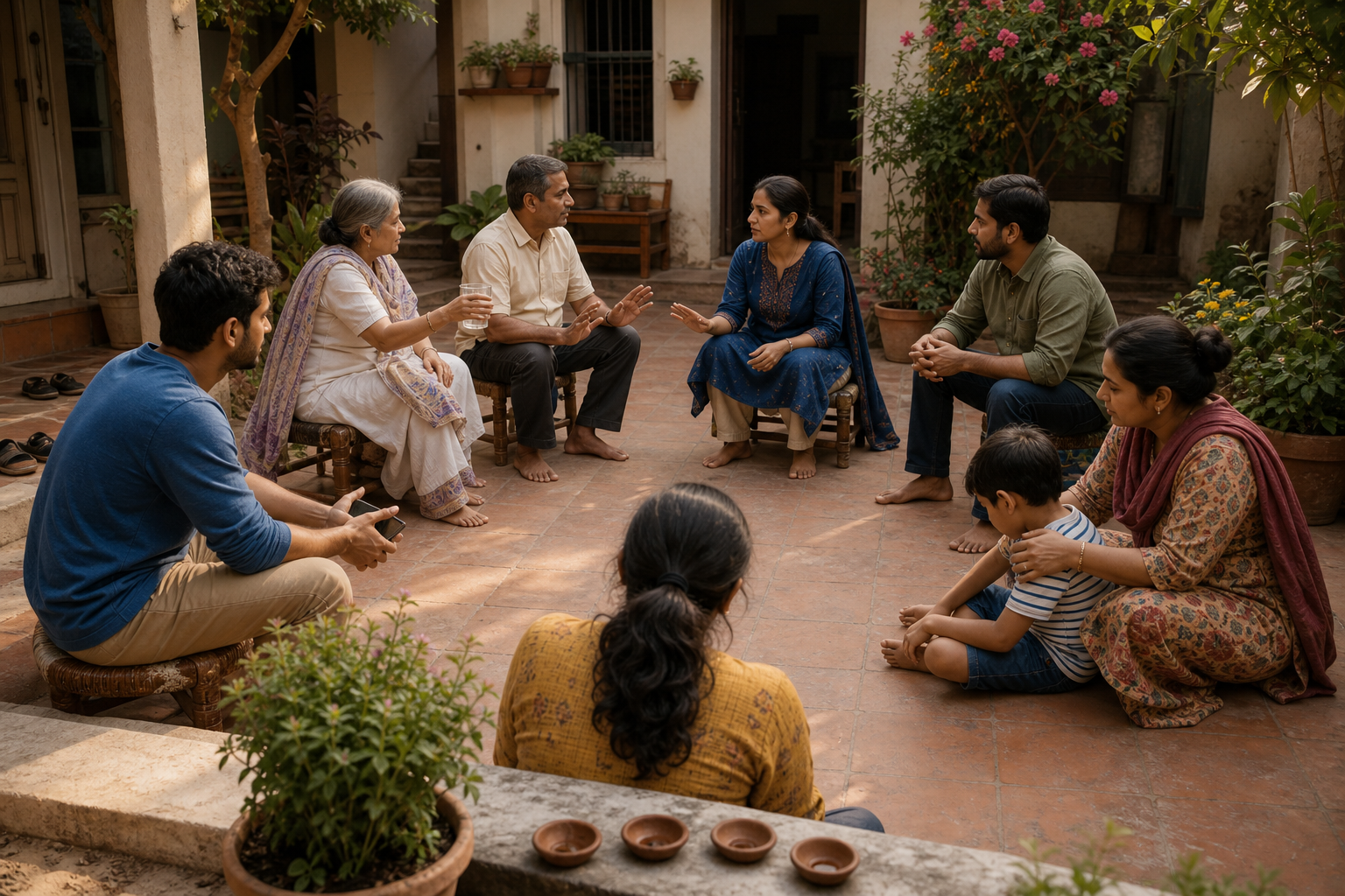 Neighbors sit in a courtyard listening, offering water, mediating calmly, and caring for a nearby family.