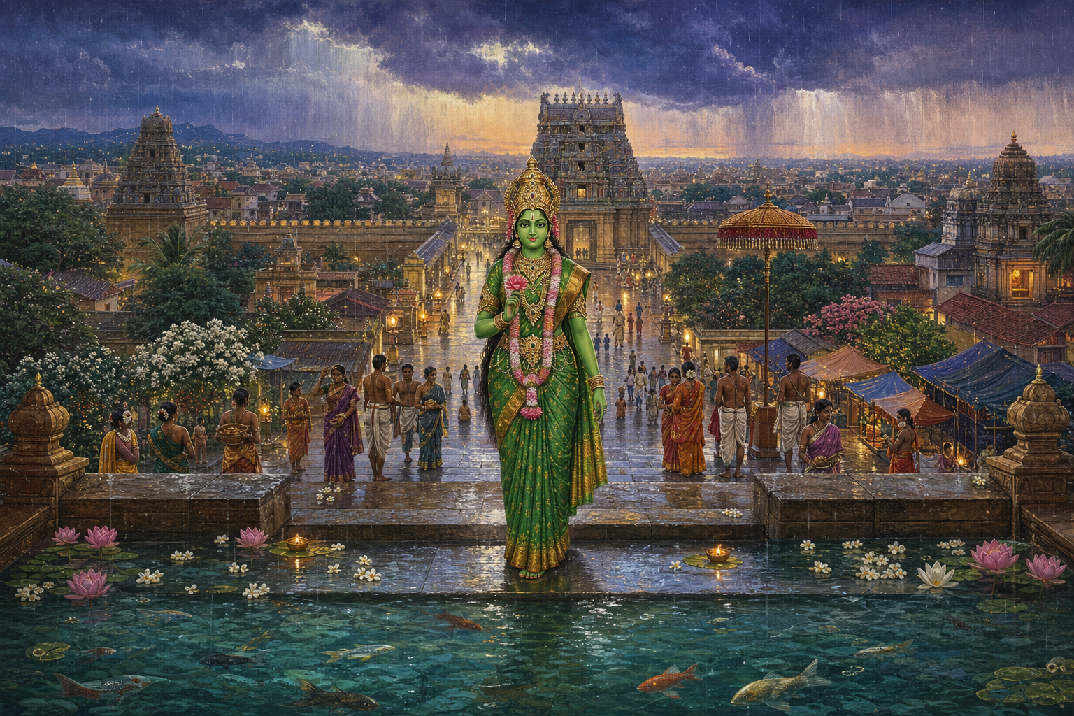 Crowned green-complexioned Meenakshi overlooks a lamp-lit South Indian city and rain-filled temple tank where fish swim among lotus flowers.