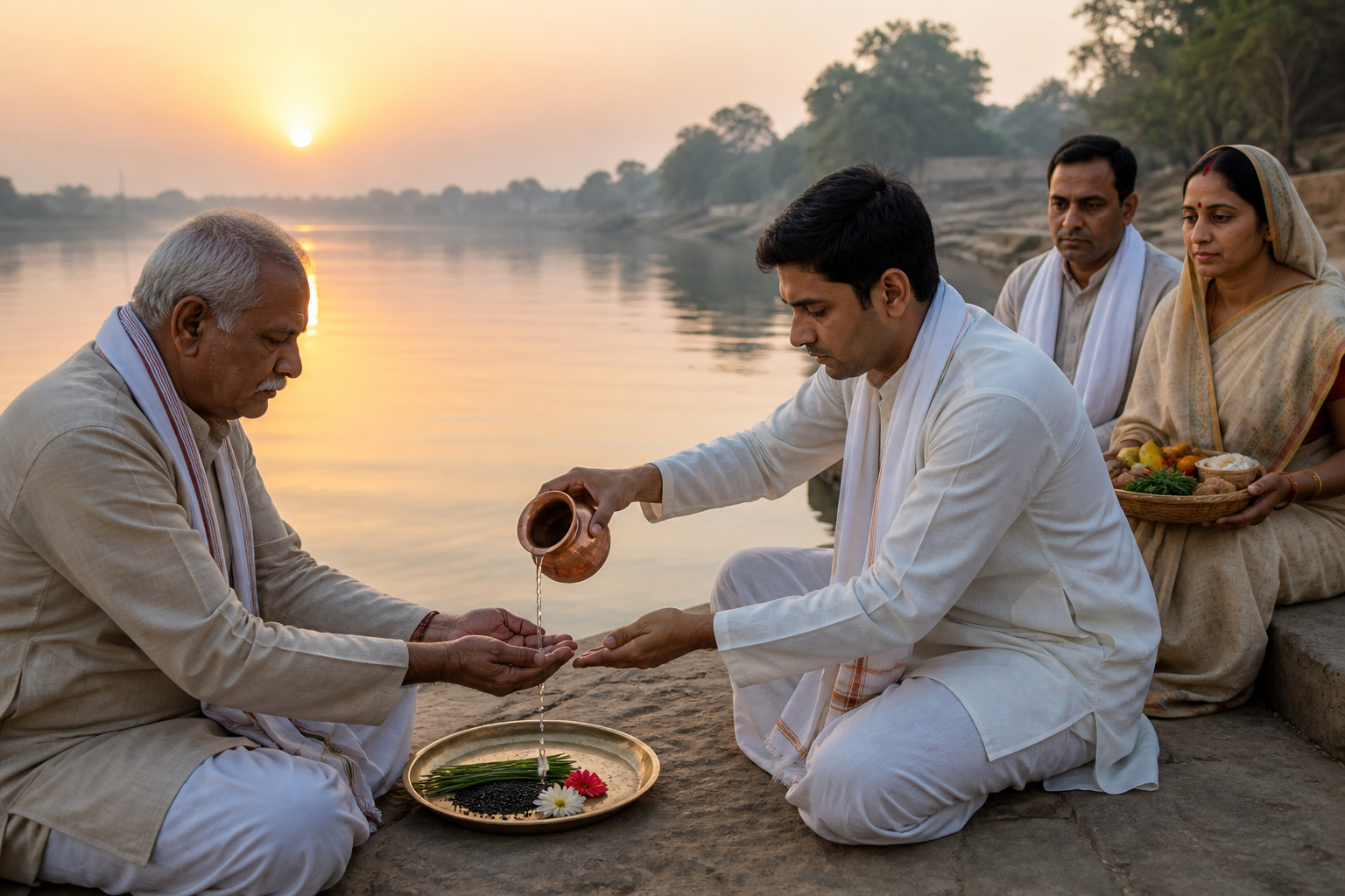 A householder performs a simple water offering with an elder beside a river while relatives stand nearby with a basket of food.