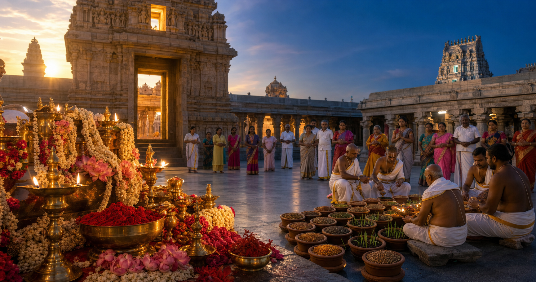 Morning kumkum offerings and an evening seed-sowing ritual shown as one continuous sacred day in a South Indian temple courtyard at Tiruchanoor.