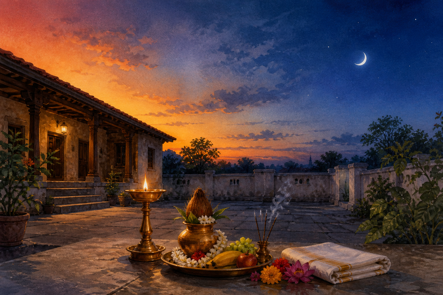 A puja arrangement with a brass lamp, kalash, flowers, and fruit in a courtyard beneath a sunset sky fading into blue twilight with a waxing crescent moon.