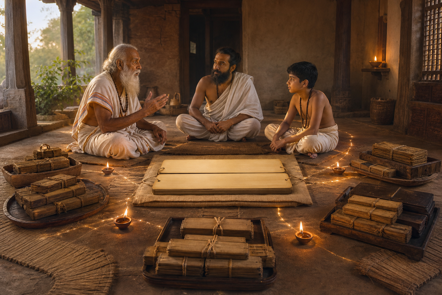 An uninscribed palm-leaf manuscript surrounded by grouped manuscript bundles as teachers and students practice oral recitation in a traditional study space.