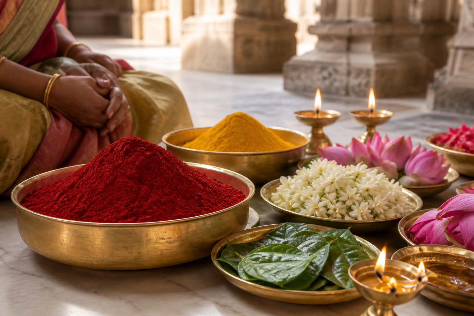 Brass bowls of red kumkum surrounded by flowers, leaves, and oil lamps as devotees hold their hands in prayer.
