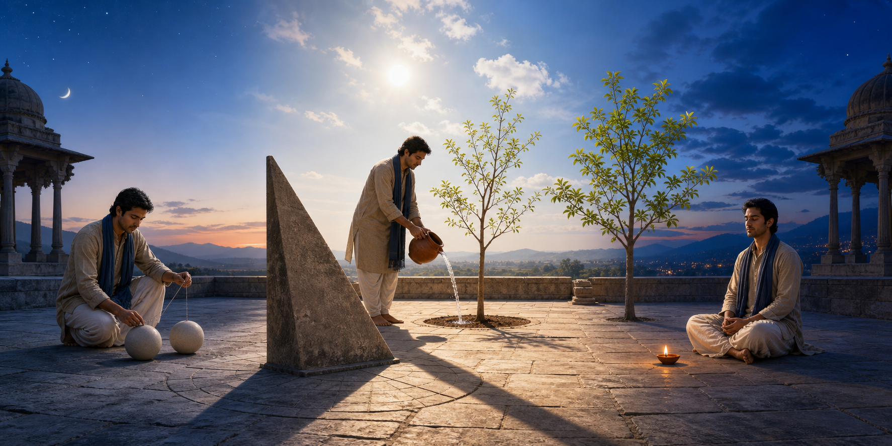 A practitioner studies celestial spheres, waters a young tree, and meditates as an observatory terrace changes from dawn to evening.