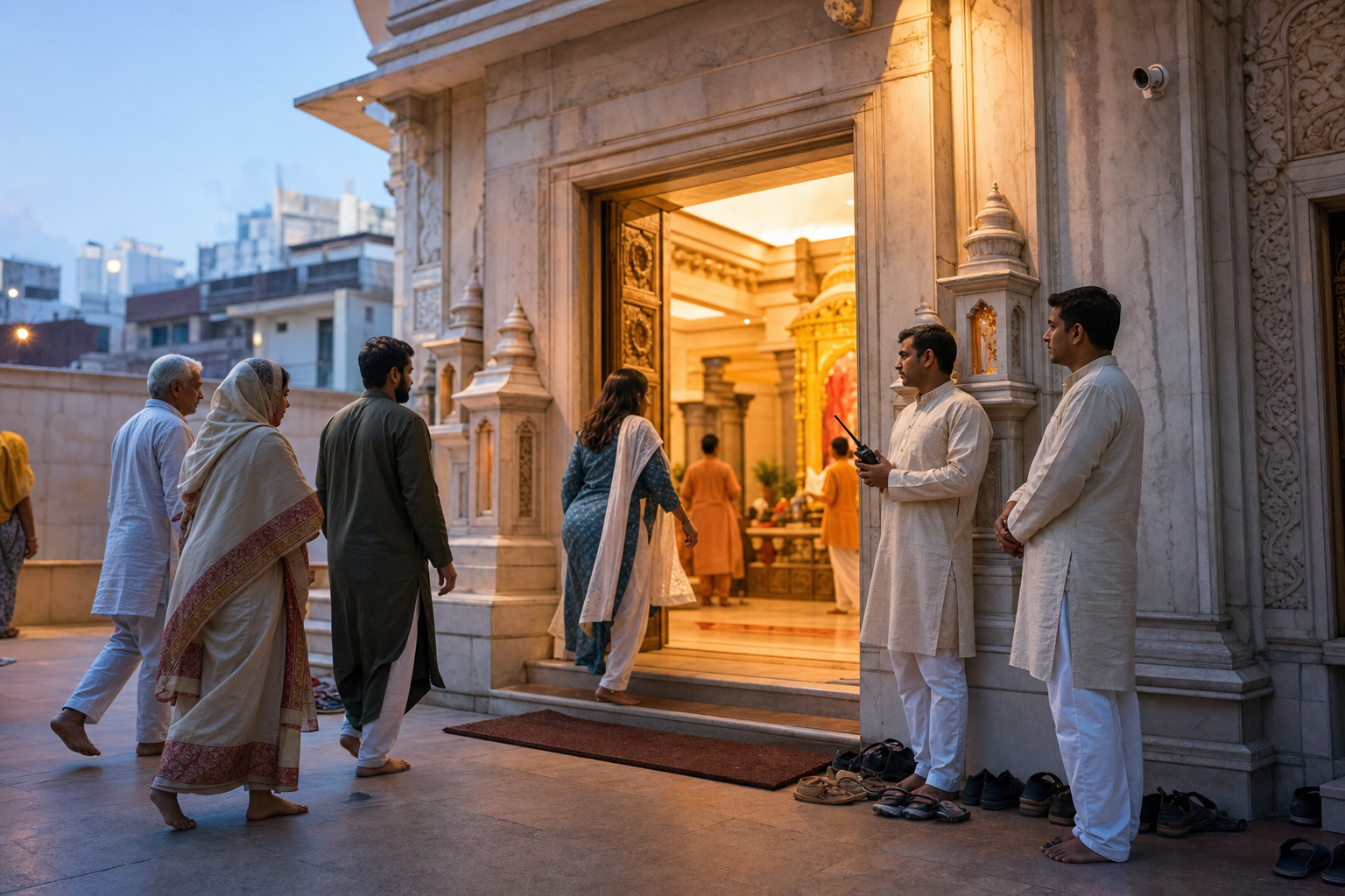 Worshippers enter a Delhi temple in the early morning while volunteers calmly monitor the doorway.