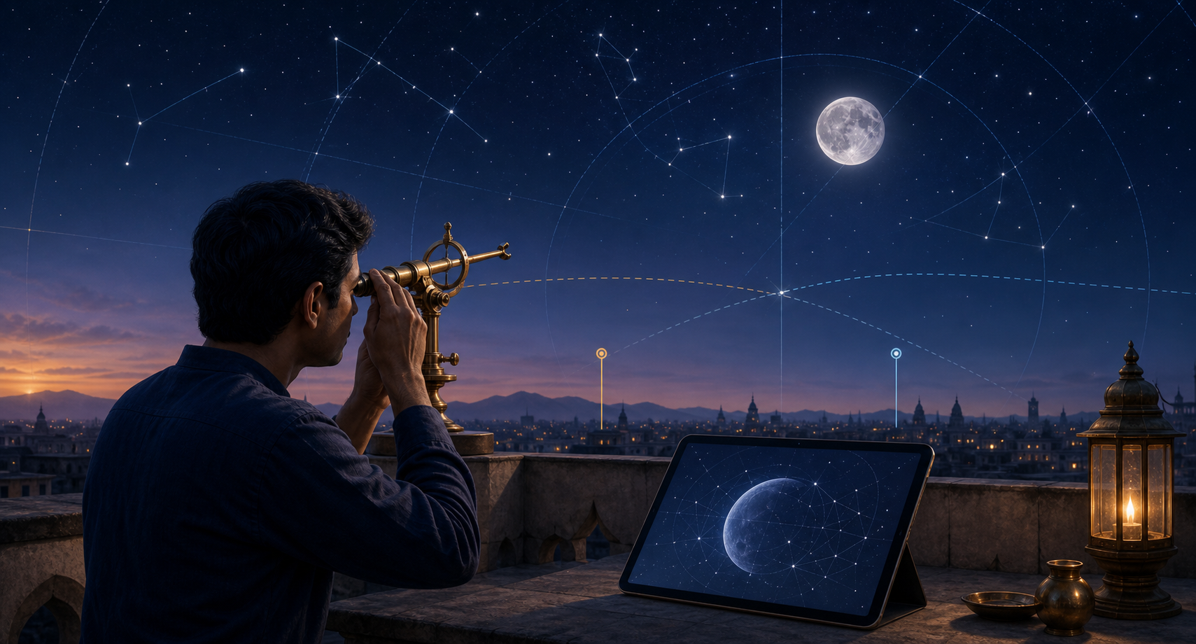 A rooftop observer uses a brass sighting instrument to study the Moon and stars beside a tablet displaying unlabeled celestial shapes.