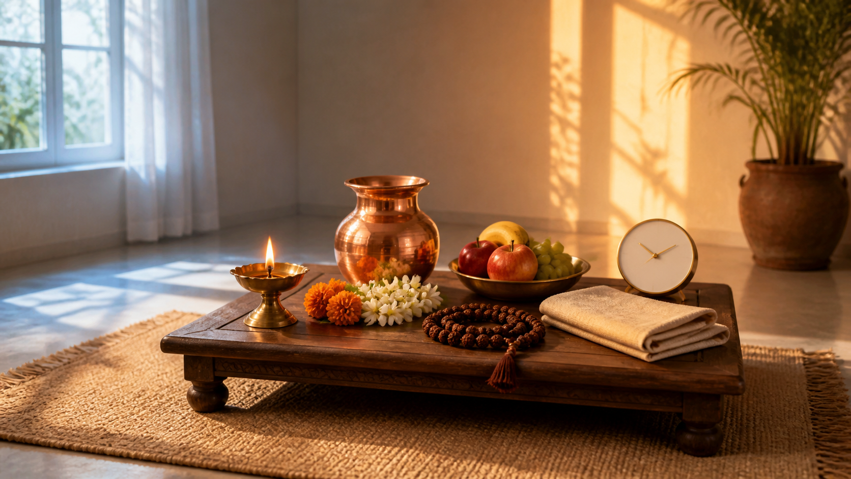 A home puja table with a lit brass lamp, copper vessel, flowers, prayer beads, fruit, and folded cloth in a room shifting from morning to afternoon light.