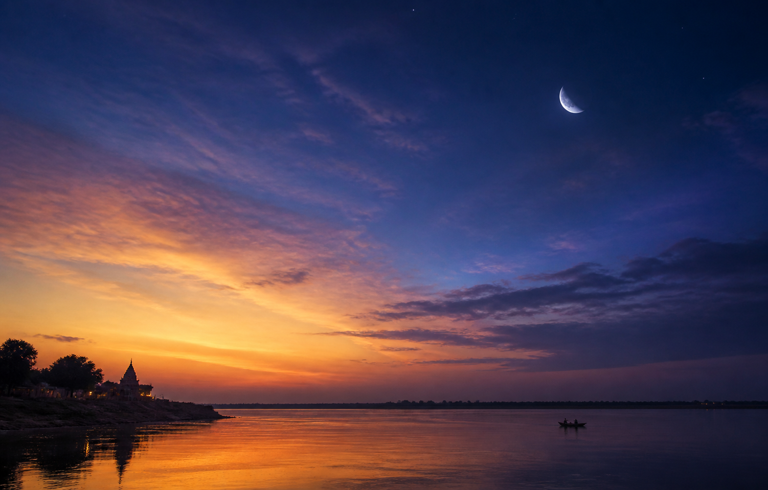 A waxing Moon above an Indian river landscape at dusk, where bands of golden sunset and indigo twilight meet over a distant temple silhouette.