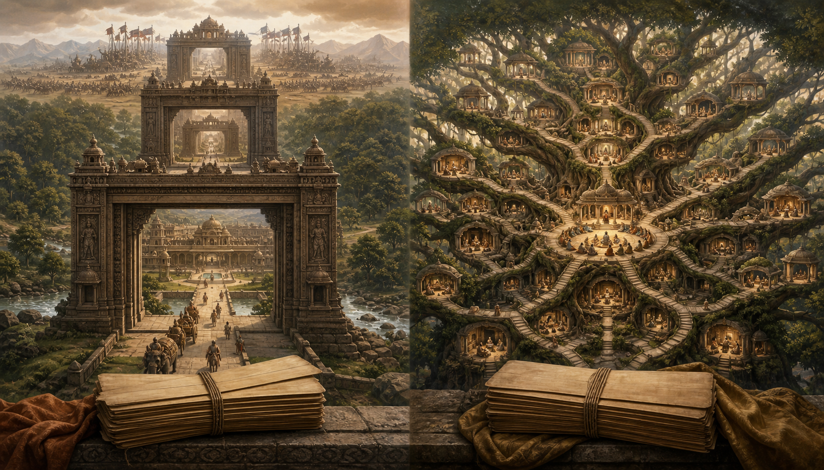 Two contrasting symbolic structures show a sequential gateway journey beside a many-branched network, with palm-leaf manuscript bundles at their bases.