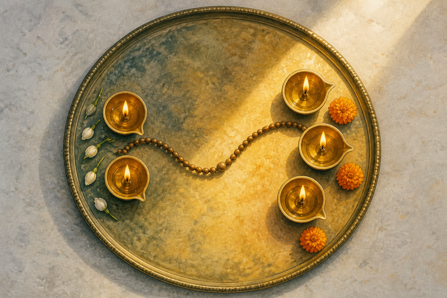 An overhead ritual tray with two brass lamps on the shaded side and three on the sunlit side, connected by a curved strand of prayer beads.