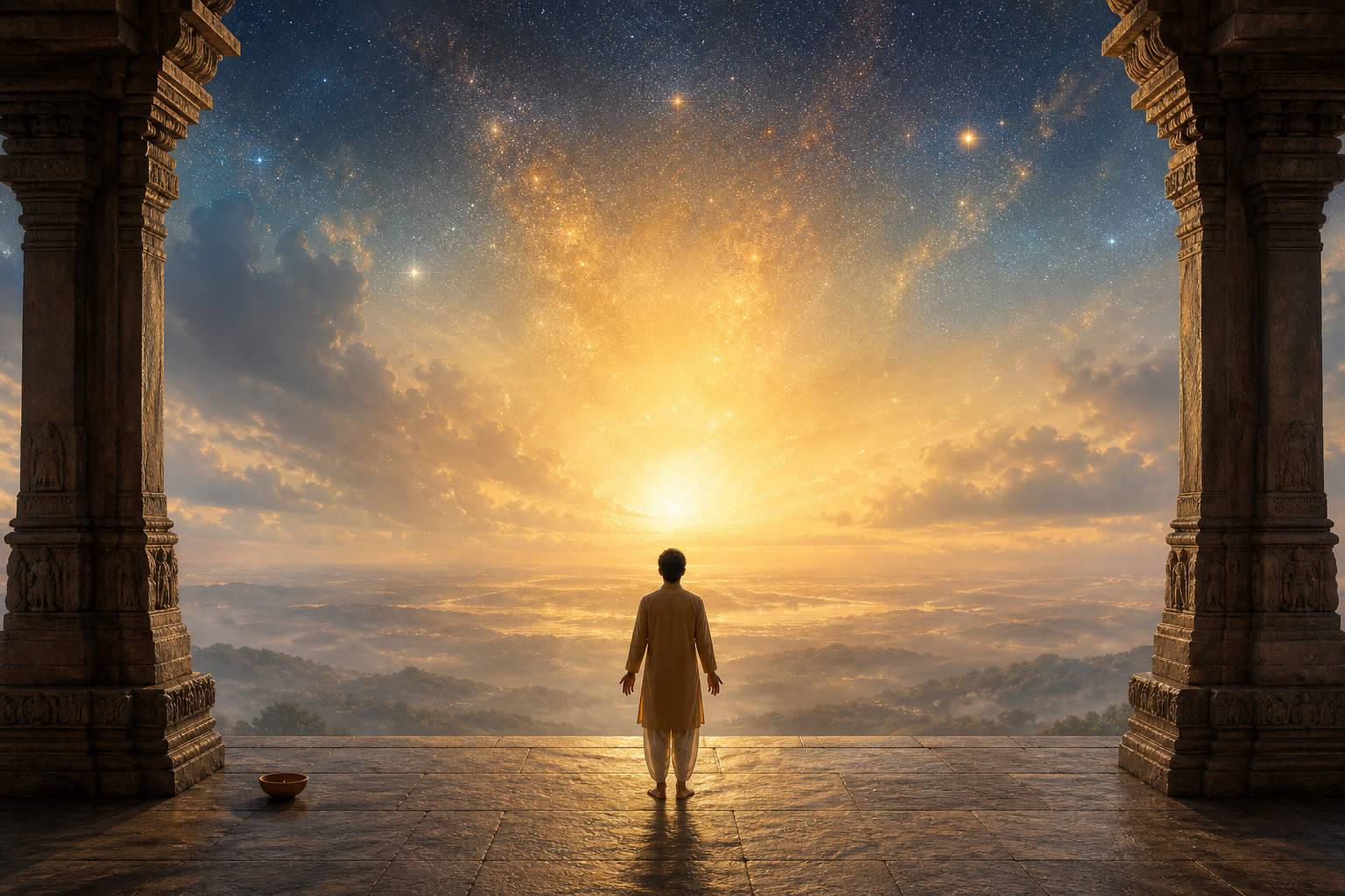 A barefoot seeker with open hands stands at a stone pavilion threshold facing a vast luminous sky filled with stars and mist.