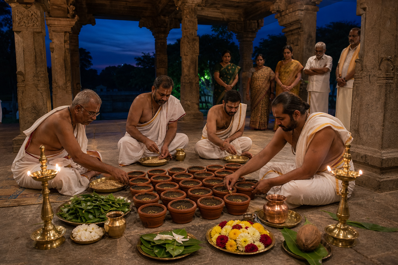 Temple priests prepare grains and soil in small earthen vessels for an evening Ankurarpanam ritual under warm lamp light.