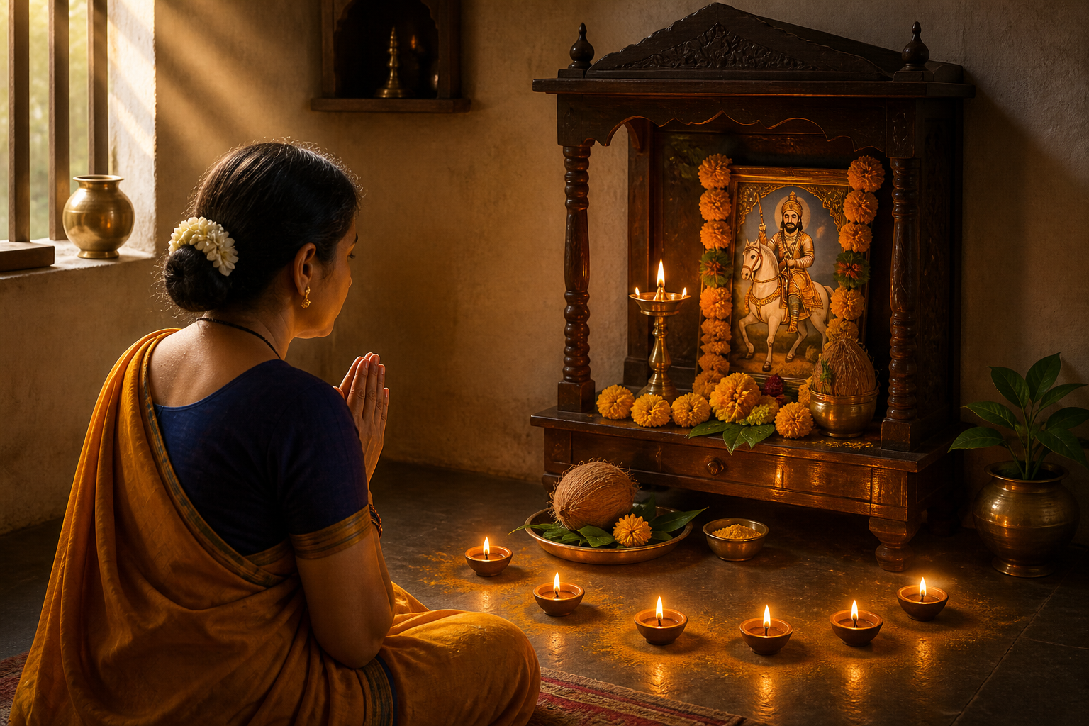 A devotee prays before a home shrine of Khandoba on a white horse, surrounded by six small oil lamps, flowers, leaves, a coconut, and turmeric powder.