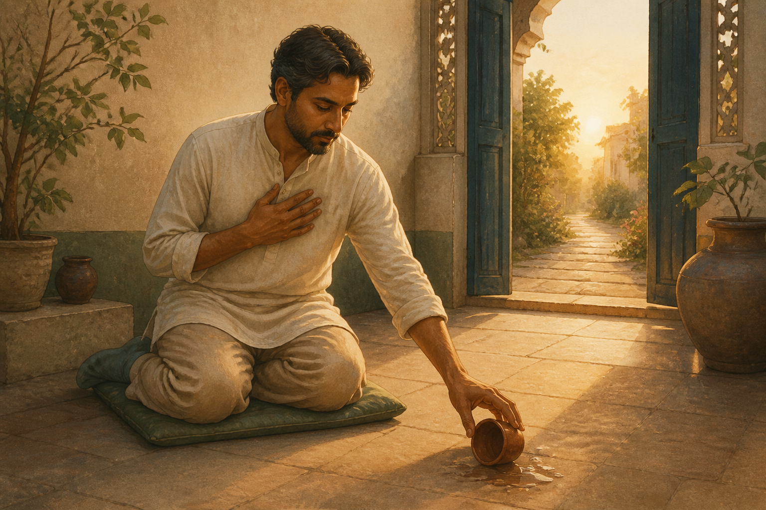 A seated adult calmly reaches to right a spilled clay cup in a sunlit courtyard, with one hand over their heart.