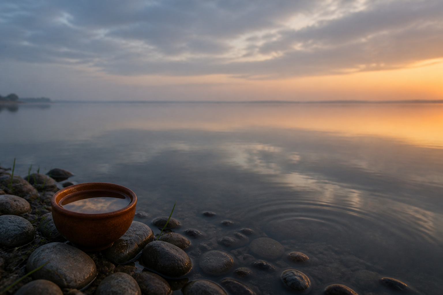 A small clay cup filled with reflective water sits beside a wide river extending toward a misty horizon.