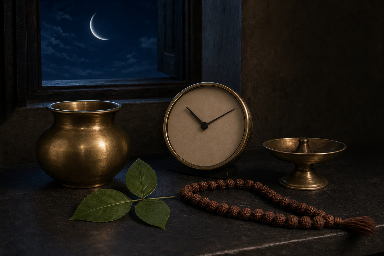 A waning crescent moon appears above a prepared Shiva shrine with a brass vessel, bilva leaves, prayer beads, and an unnumbered clock.