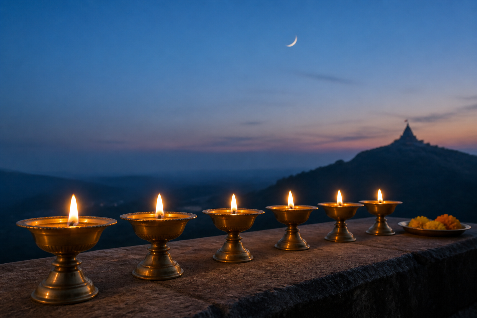 Six lit brass oil lamps stand beneath a waxing crescent moon, with a hill temple silhouetted in the distance.