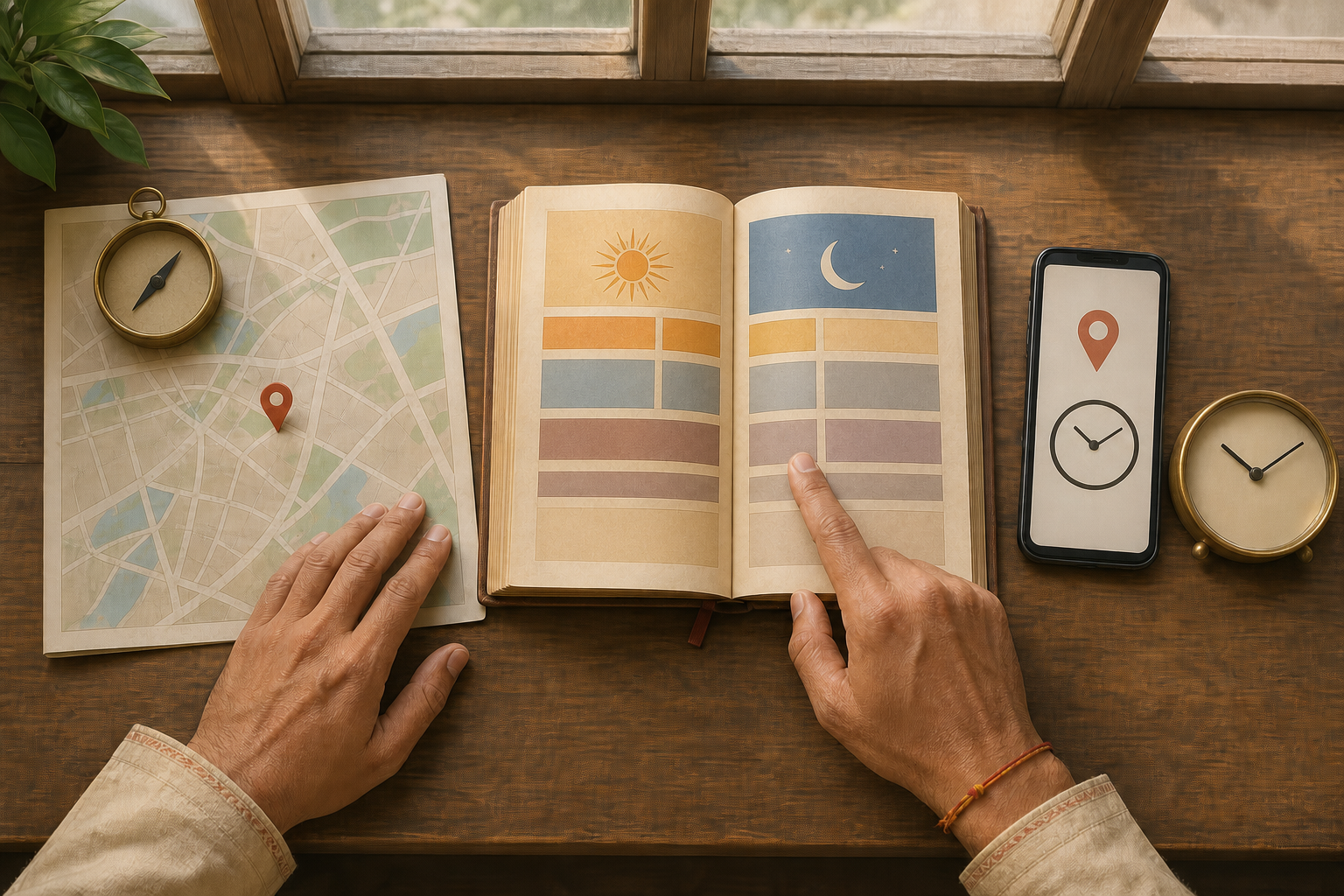 Hands compare an open almanac with an unlabeled map, a location marker, a compass, a phone displaying simple icons, and an unnumbered clock.