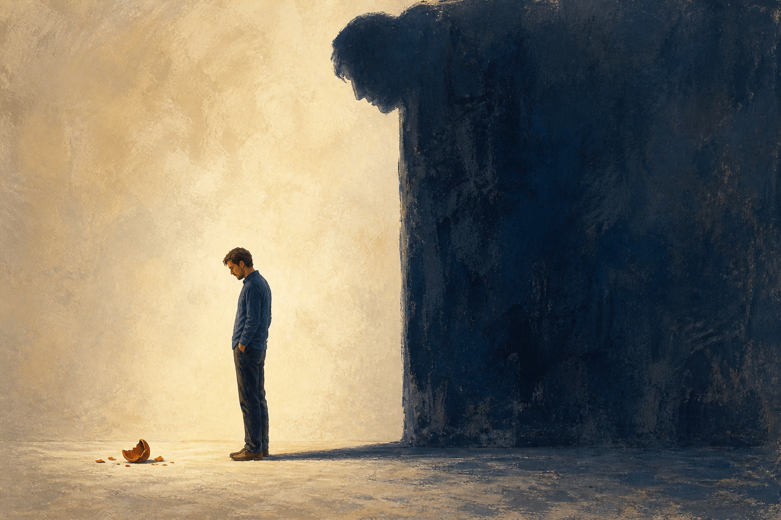 A person stands beside a broken clay vessel while an oversized wall-like shadow looms behind them.