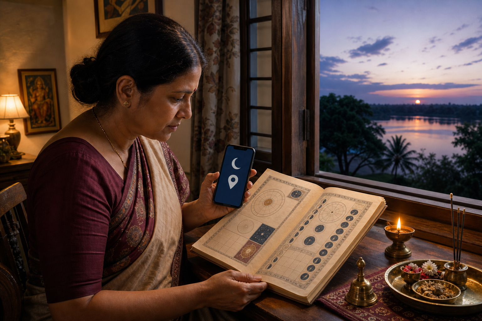 A person beside a twilight window checks a paper almanac and a smartphone near a lit diya and prepared puja items.