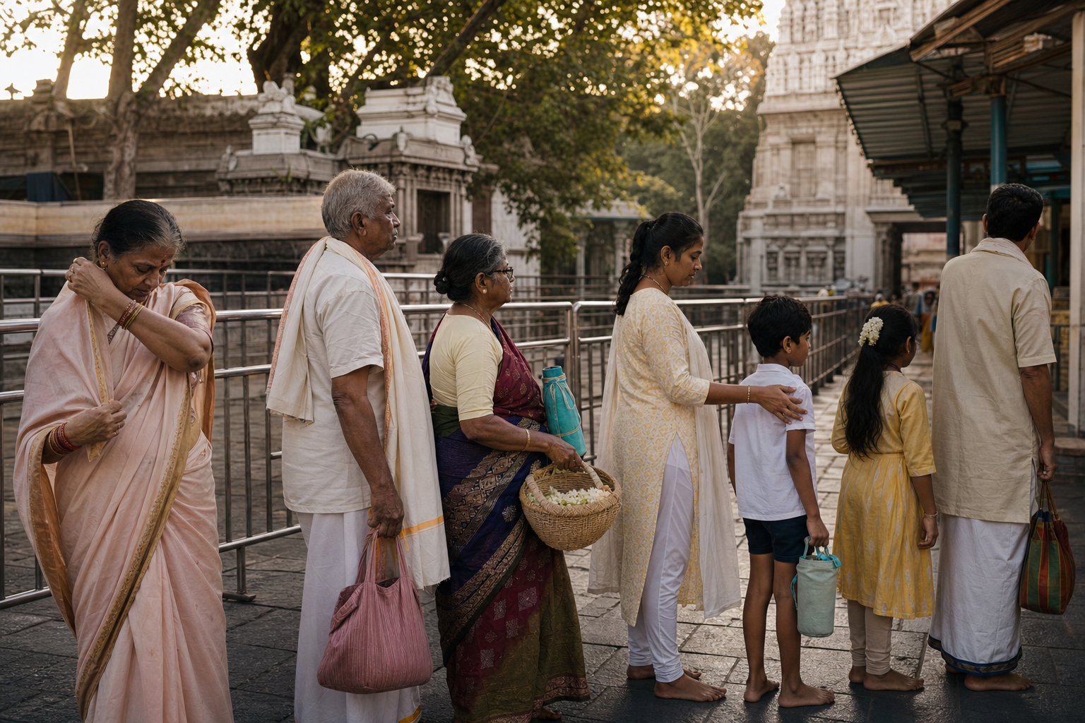 A multigenerational group of modestly dressed pilgrims waits calmly outside a Tiruchanoor temple with flowers, water, and small cloth bags.
