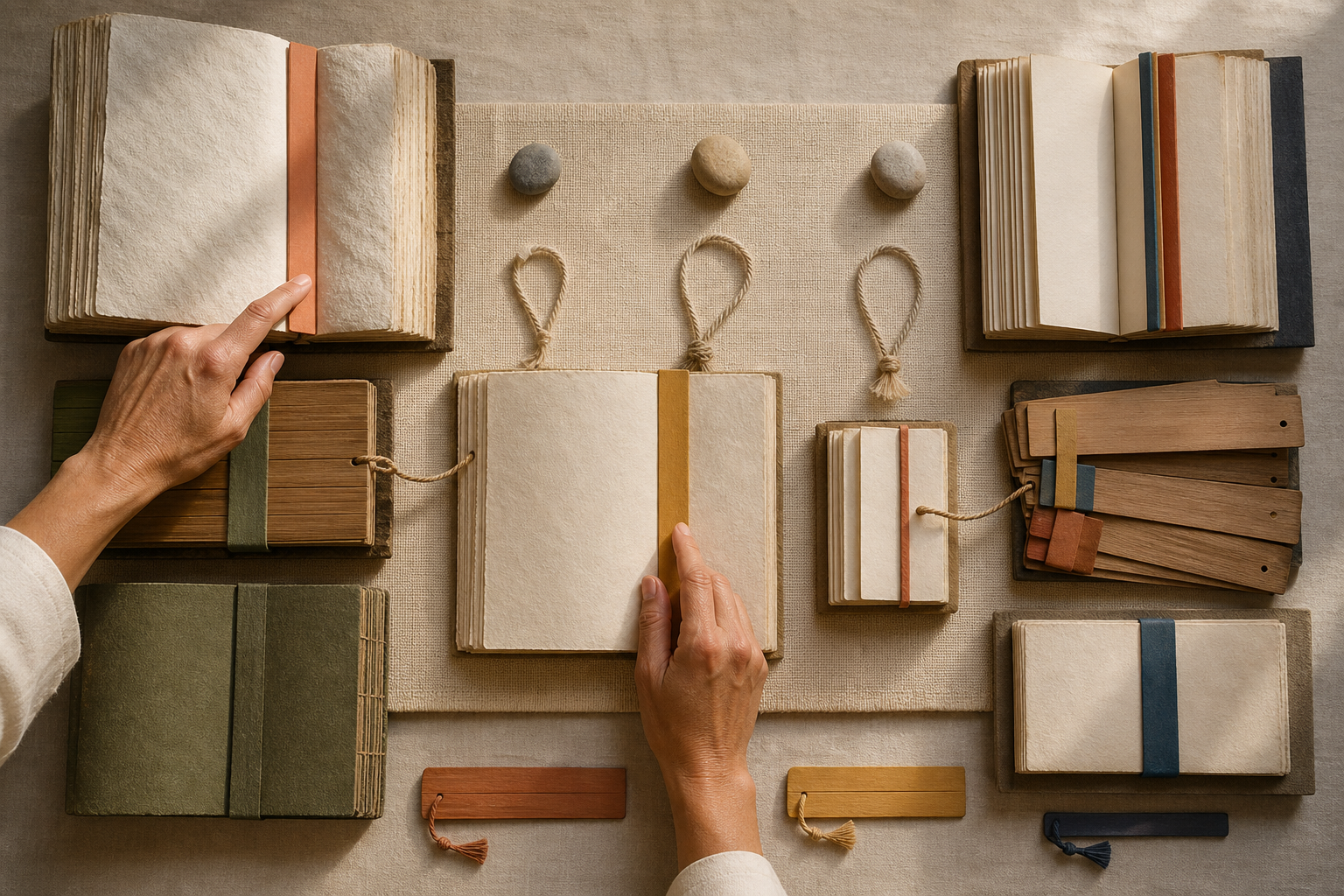 A reader's hands compare blank manuscript bundles and editions using nested folio groups, colored dividers, cords, and place stones.
