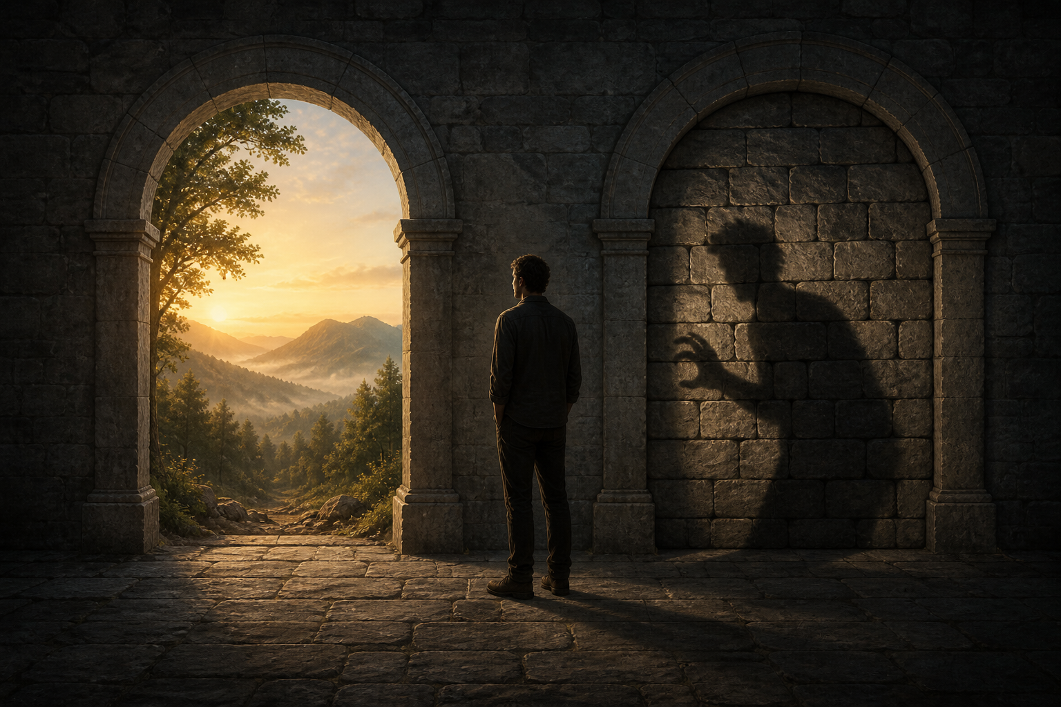 A person stands between an open archway facing a sunlit landscape and a second archway sealed with stone blocks.