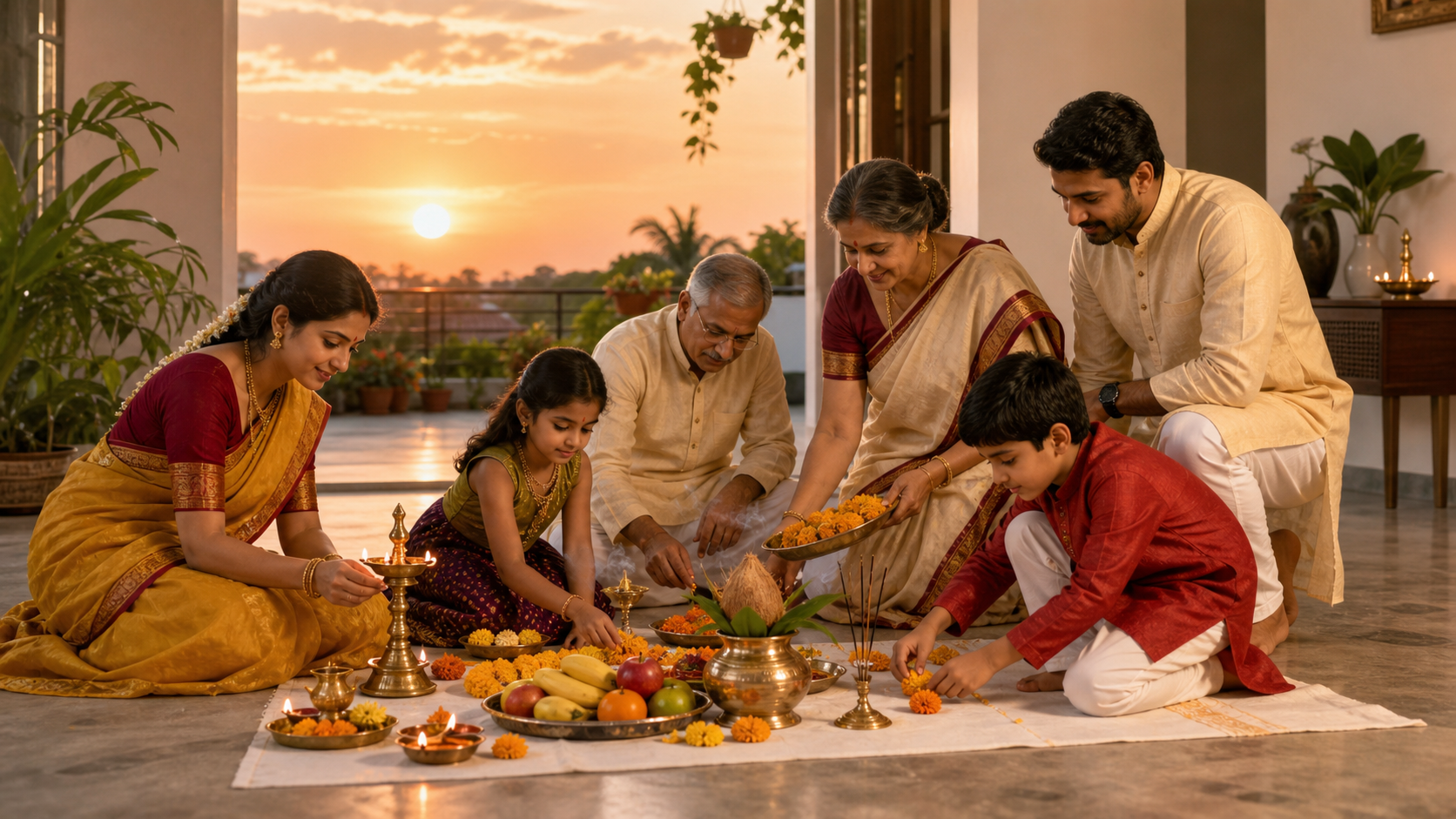 A multigenerational Indian family arranges flowers, fruit, a kalash, incense, and brass lamps for an evening household observance.