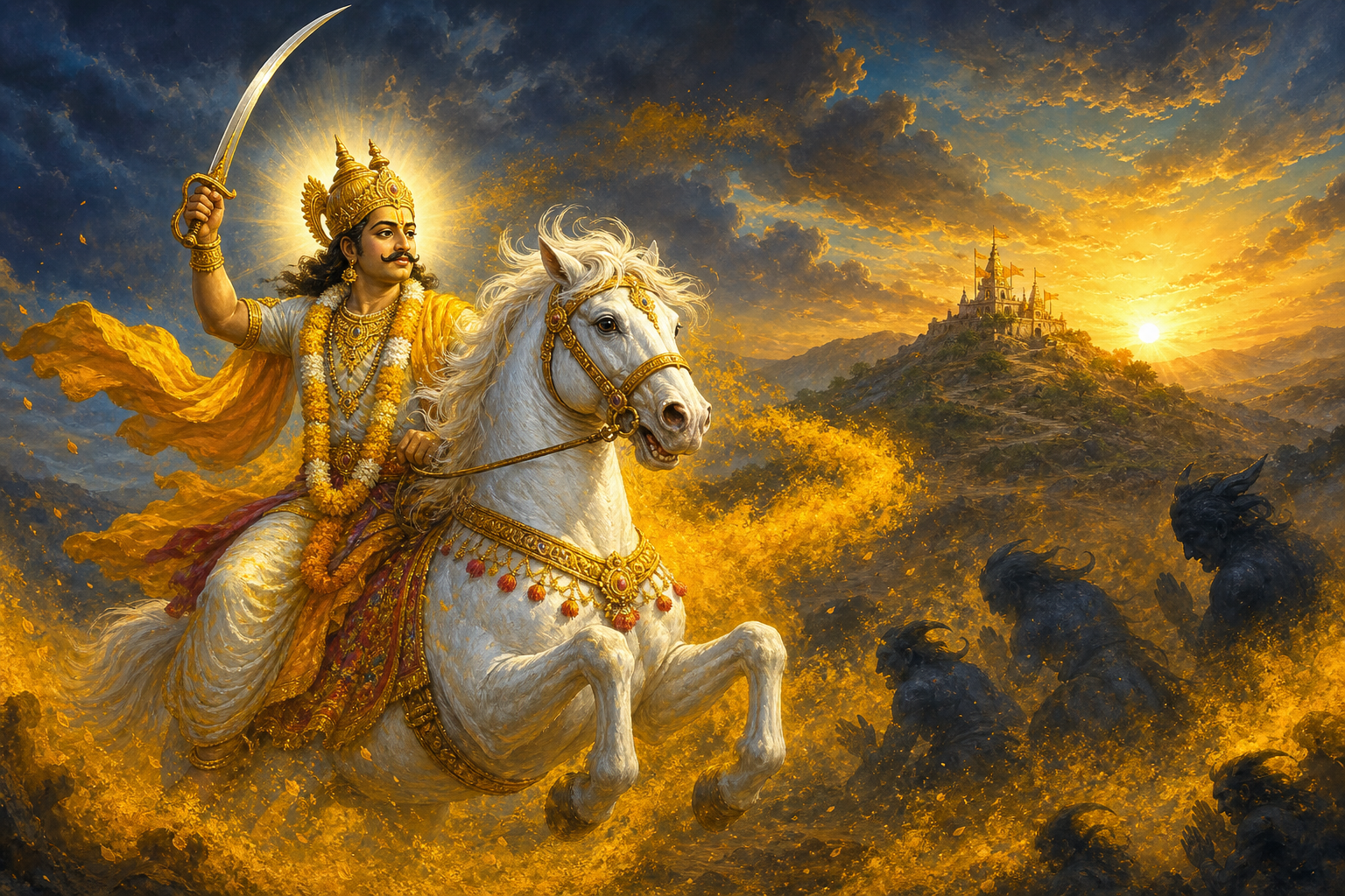 Khandoba rides a white horse through golden turmeric-colored clouds as dark opposing figures recede over the Deccan hills.