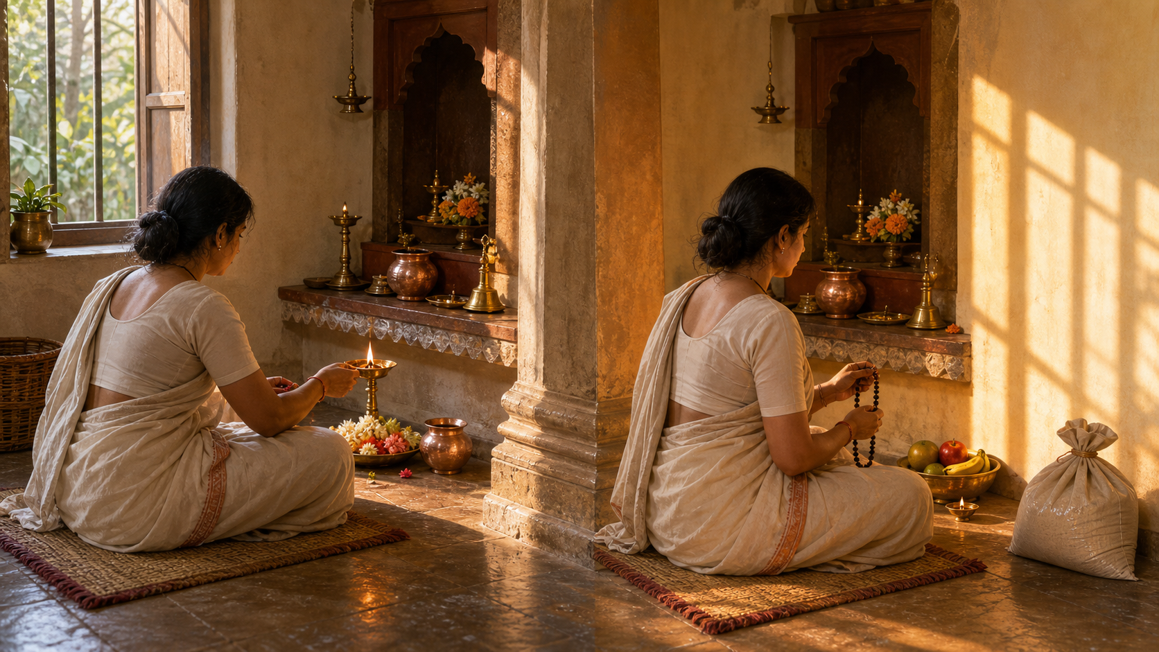Two adjacent scenes show the same person lighting a lamp and placing flowers earlier in the day, then using prayer beads beside fruit and a tied bag of grain later.